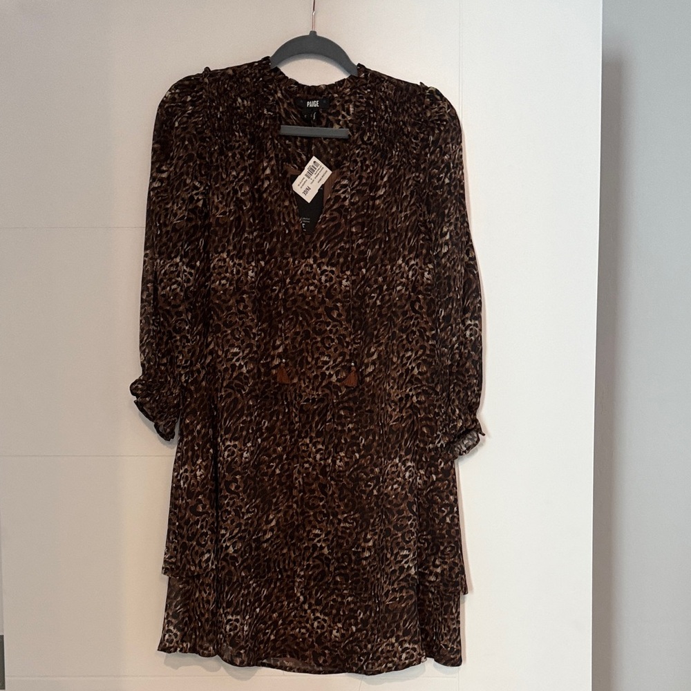 PAIGE Dark Brown Leopard-Print 3/4 Sleeve Dress with pull tie waist